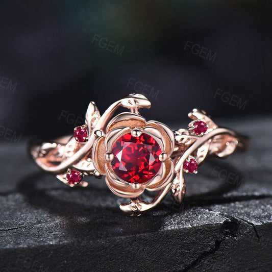 Rose Flower Red Ruby Engagement Rings 14K Rose Gold Twig Leaf Nature Inspired Round Ruby Engagement Ring Anniversary/July Birthstone Gifts