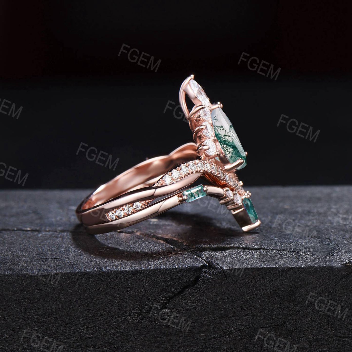 Natural Moss Agate Bridal Set Vintage 1ct Kite Moss Engagement Ring Halo Moissanite Moss Green Emerald Wedding Promise Ring Anniversary Gift