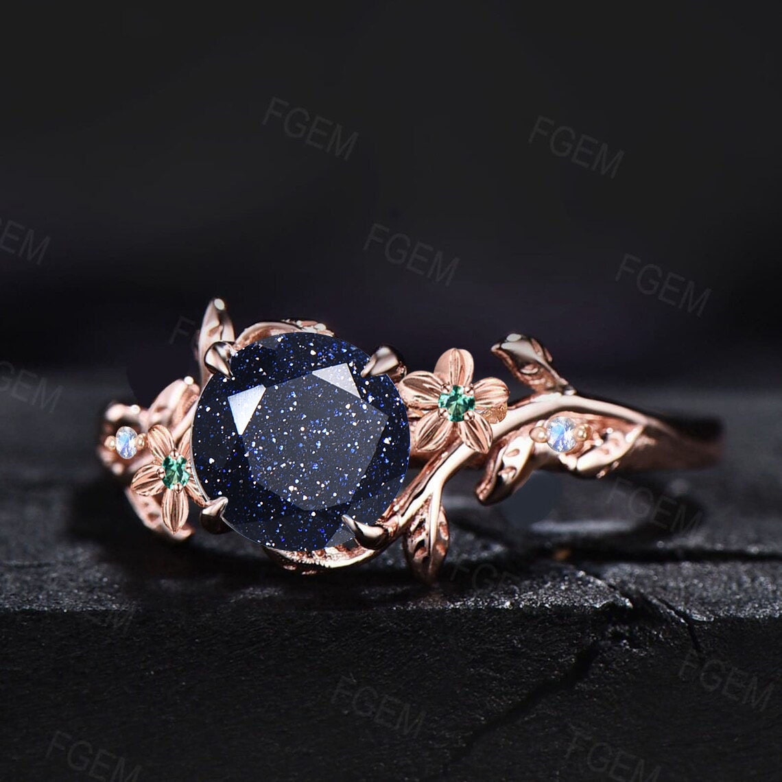 1ct Round Galaxy Blue Sandstone Engagement Ring Floral Wedding Ring Green Emerald Moonstone Promise Ring Unique Anniversary Gifts For Women