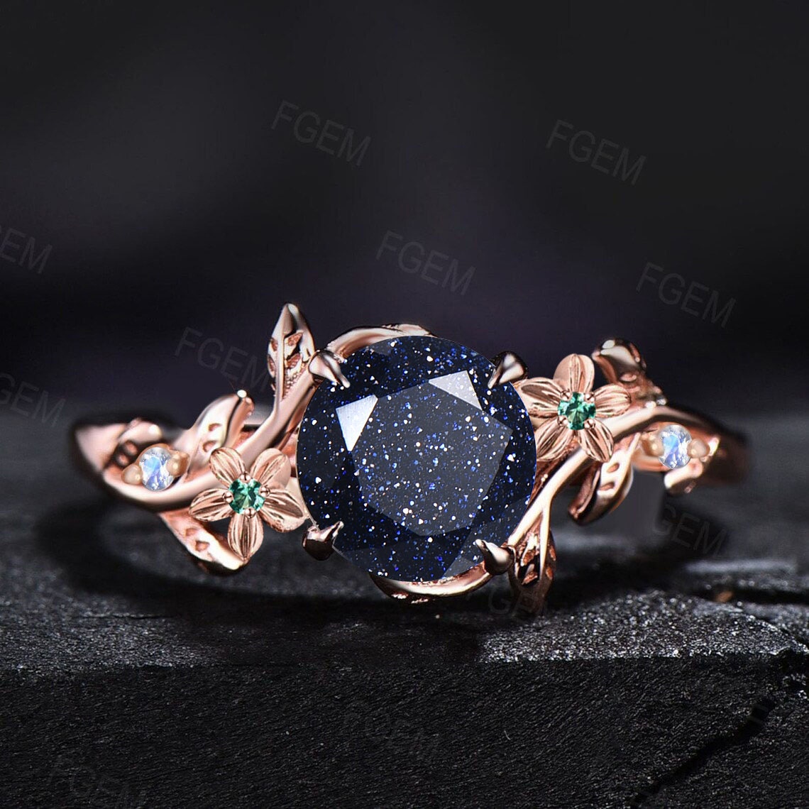 Oval blue sandstone engagement ring set 14k rose gold Galaxy vintage unique  engagement ring moissanite ring for women Norse Viking Jewelry