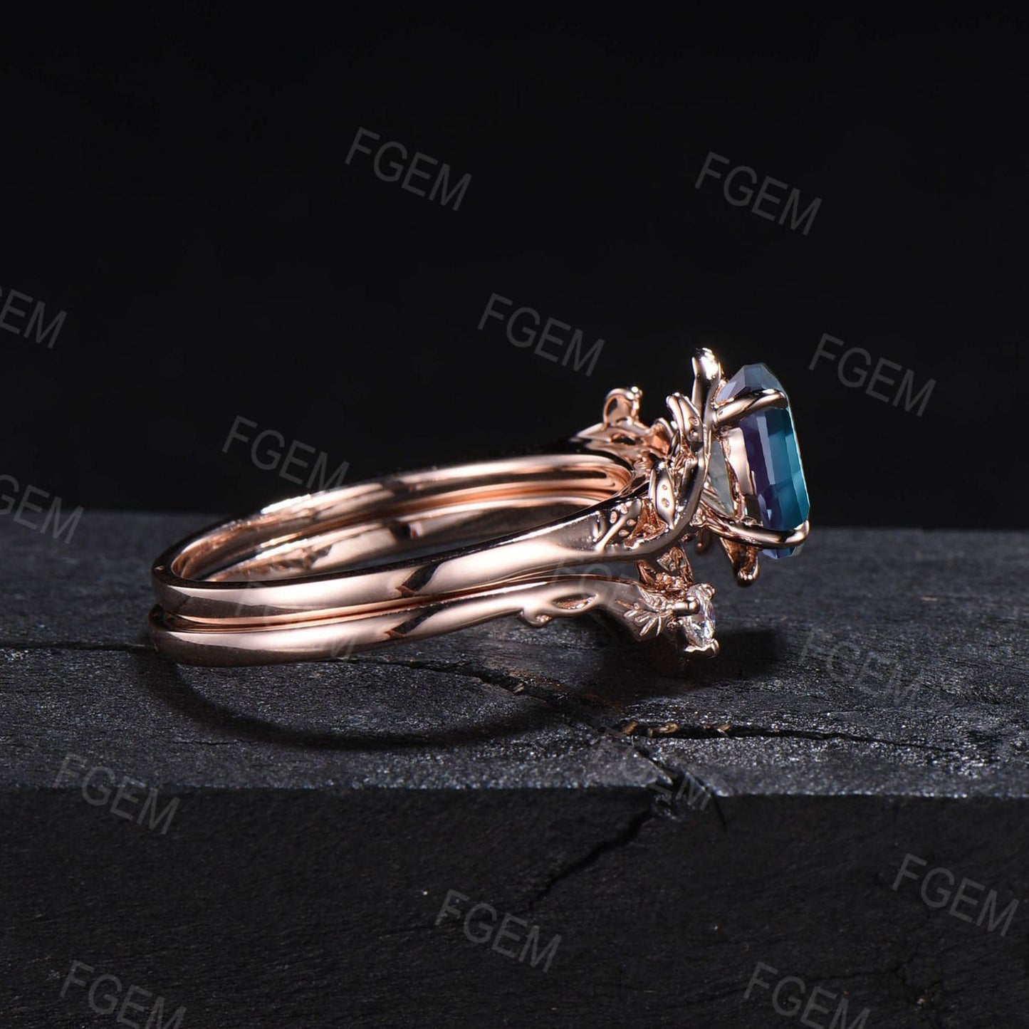 1.5ct Oval Alexandrite Moonstone Bridal Ring Set Branch Leaf Vine Color-Change Alexandrite Engagement Ring Unique Wedding Anniversary Gifts