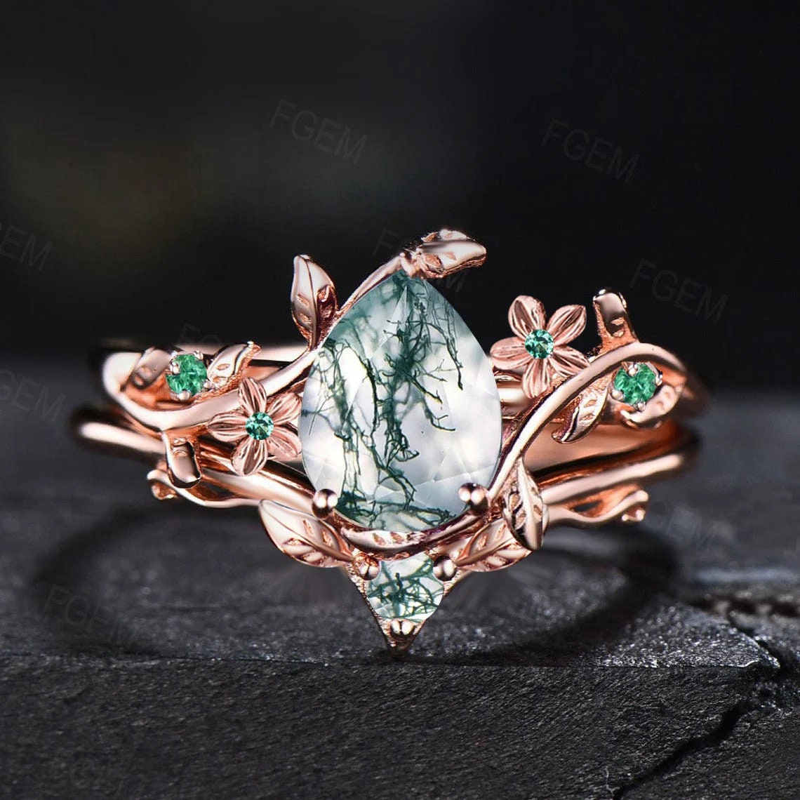 Rose Flower Natural Green Moss Agate Bridal Set 10K Rose Gold Vine Branch Leaf Green Emerald Nature Wedding Ring Set Unique Anniversary Gift