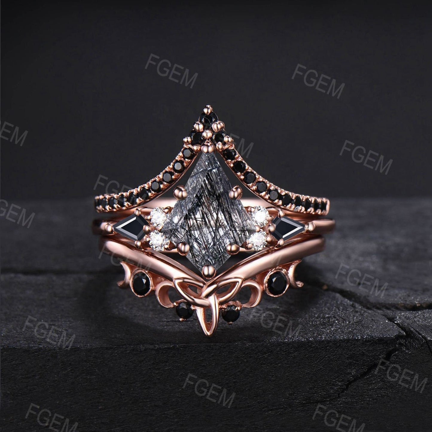 Kite Natural Black Rutilated Quartz Engagement Ring Set Celtic Black Bridal Set Unique 10K Rose Gold Handmade Gothic Proposal Gifts for Her
