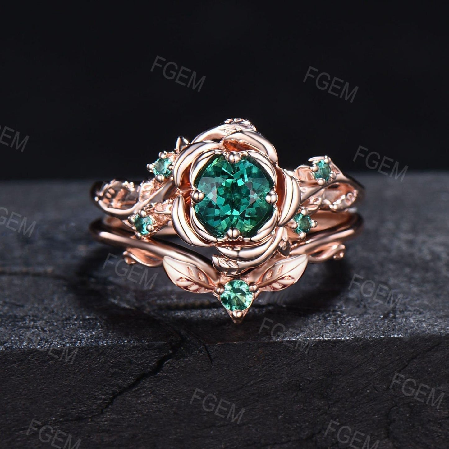 Green Emerald Floral Wedding Ring Set 5mm Round Cut Nature Inspired Branch Rose Flower Emerald Engagement Ring Set May Birthstone Bridal Set