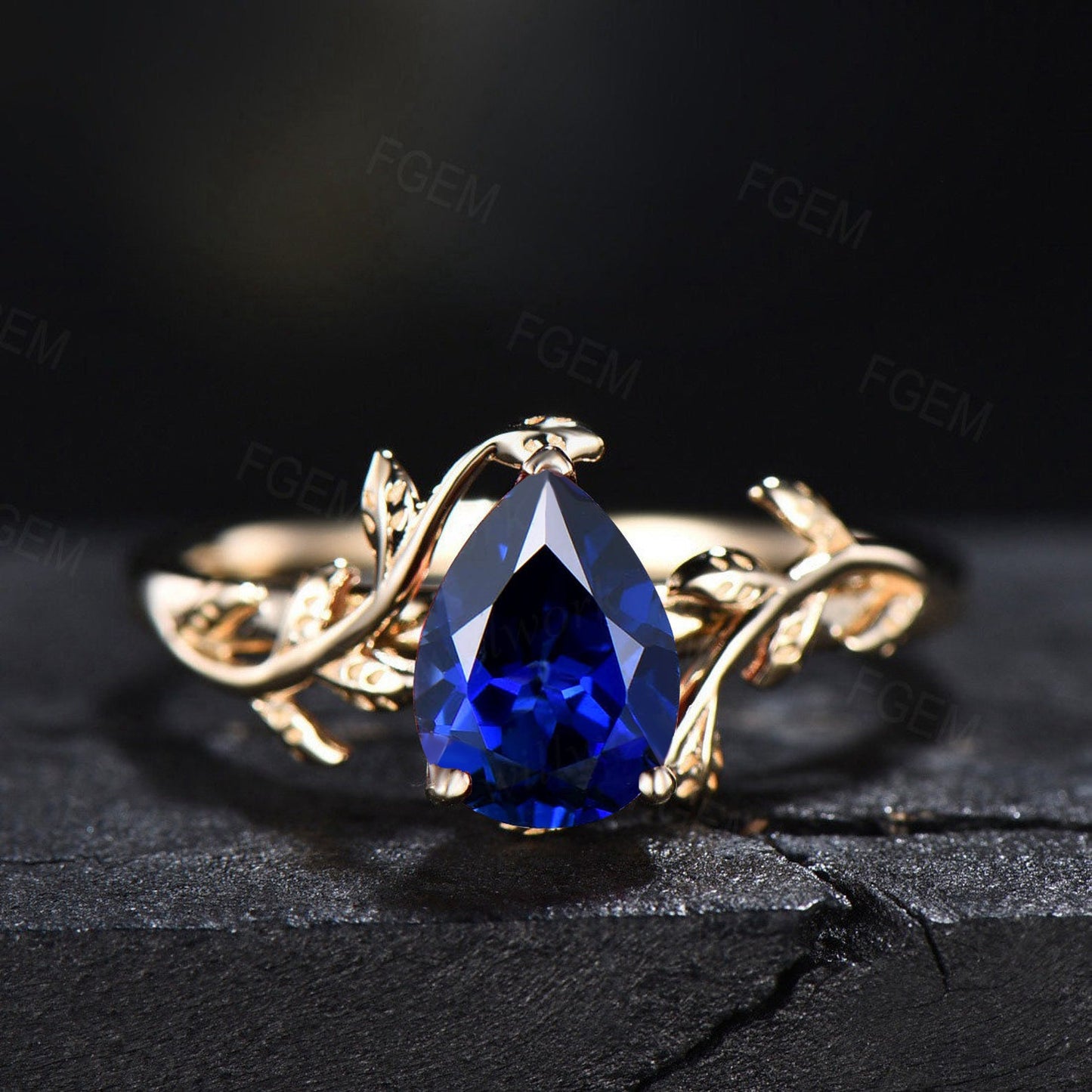 Yellow Gold Blue Sapphire Nature Engagement Ring Vintage 1.25ct Pear Blue Sapphire Wedding Ring September Birthstone Gemstone Jewelry Gifts