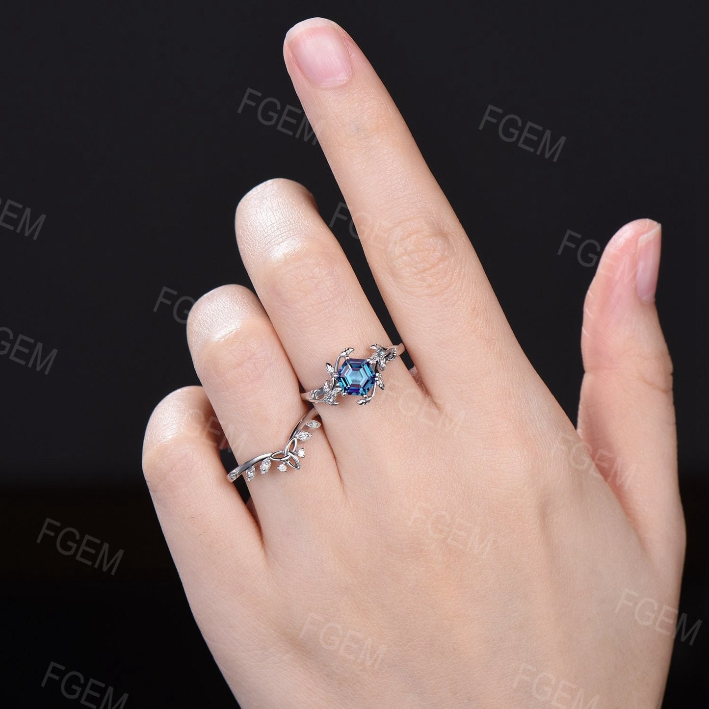 Nature Alexandrite Wedding Ring Set 10K/14K/18K Rose Gold Unique 1ct Hexagon Alexandrite Leaf Ring Set Celtic Knot Bridal Set Promise Ring