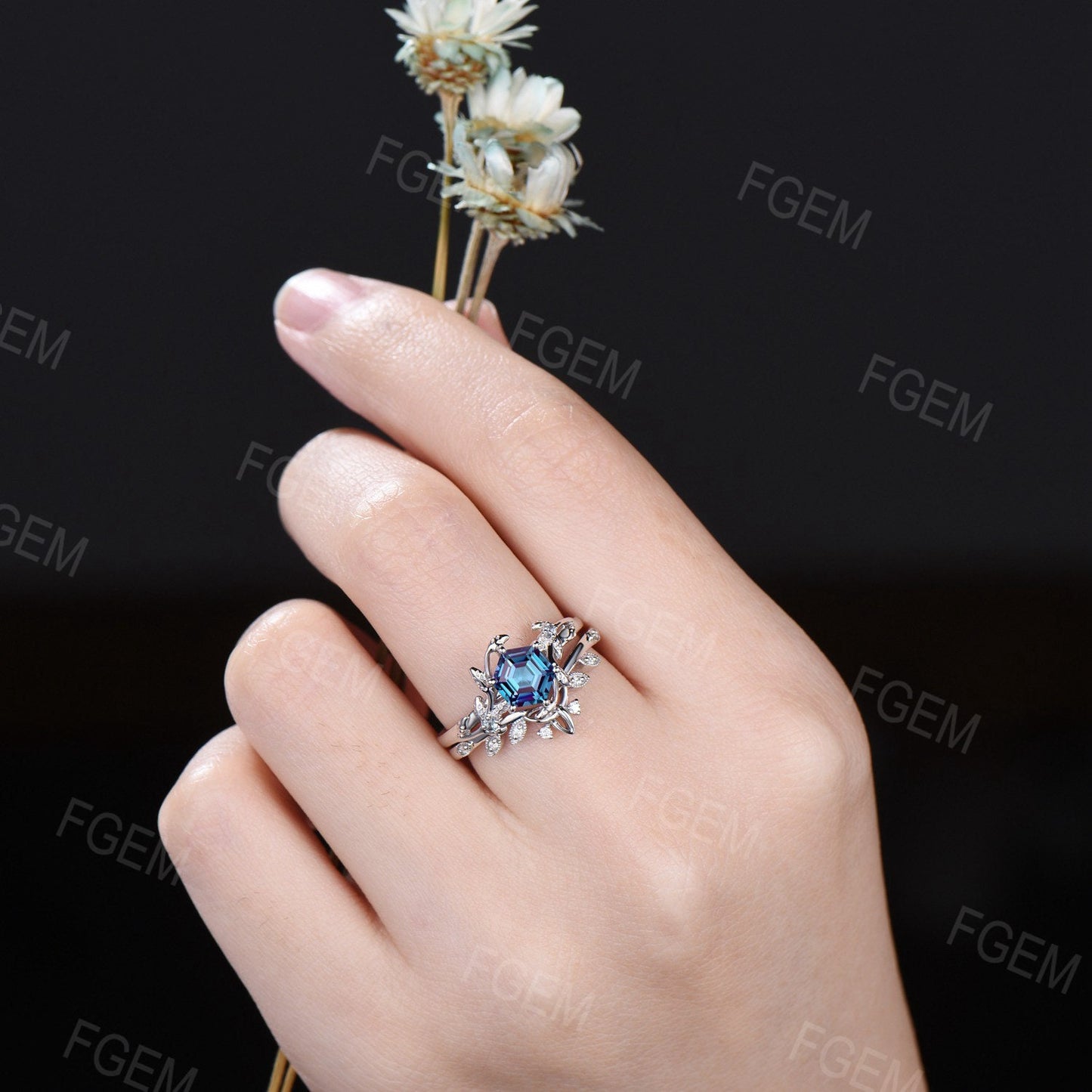 Nature Alexandrite Wedding Ring Set 10K/14K/18K Rose Gold Unique 1ct Hexagon Alexandrite Leaf Ring Set Celtic Knot Bridal Set Promise Ring