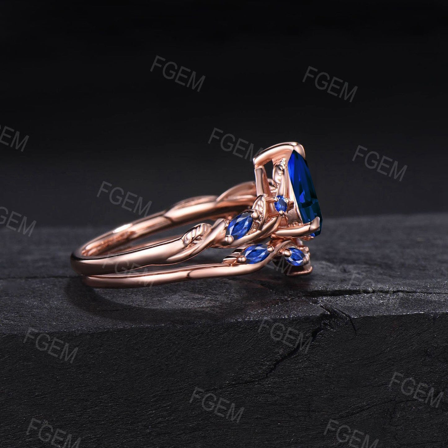 1.25ct Pear Nature Inspired Blue Sapphire Engagement Ring Twist Band September Birthstone Wedding Ring Set Leaf Vine Ring Branch Bridal Set