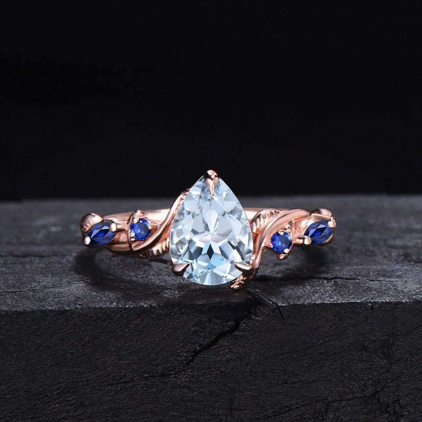 1.25ct Nature Inspired Natural Aquamarine Engagement Ring Twist Band March Birthstone Gift Blue Sapphire Wedding Ring Vine Branch Bridal Set