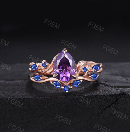 1.25ct Pear Nature Inspired Real Amethyst Blue Sapphire Engagement Ring Twist Band February Birthstone Wedding Ring Vine Branch Bridal Sets