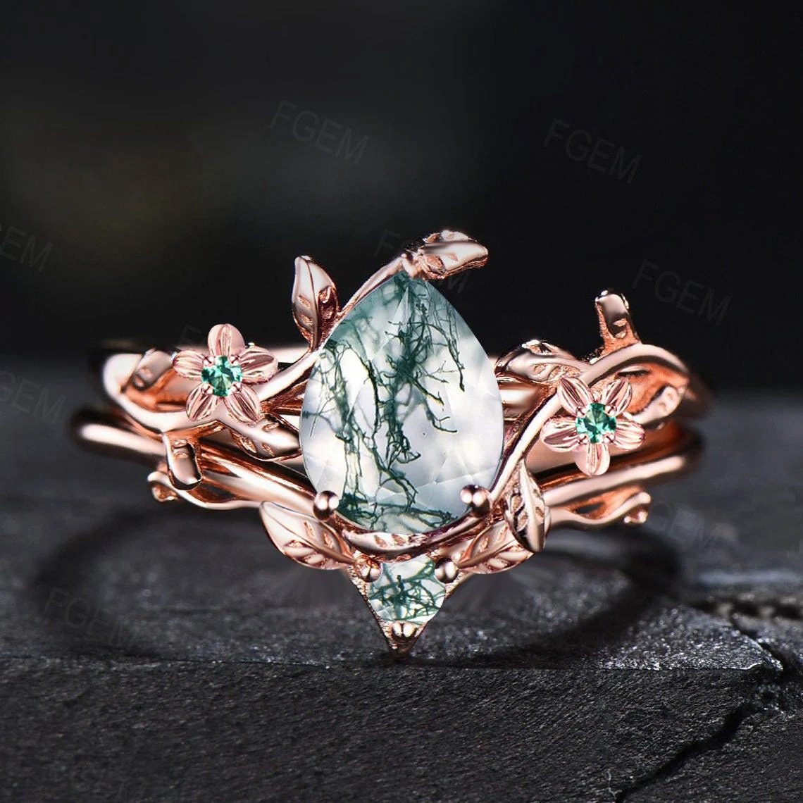 Vine Branch Leaf Style Green Moss Agate Bridal Set 10K Rose Gold Rose Flower Green Emerald Nature Wedding Ring Set Unique Anniversary Gift