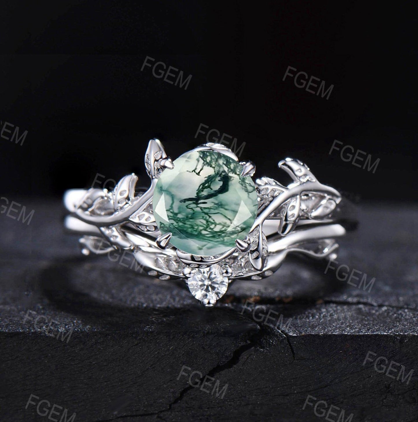 1ct Round Cut Natural Moss Agate Engagement Rings Set 14k Rose Gold Branch Design Solitaire Rings Unique Leaf Wedding Ring Anniversary Gift