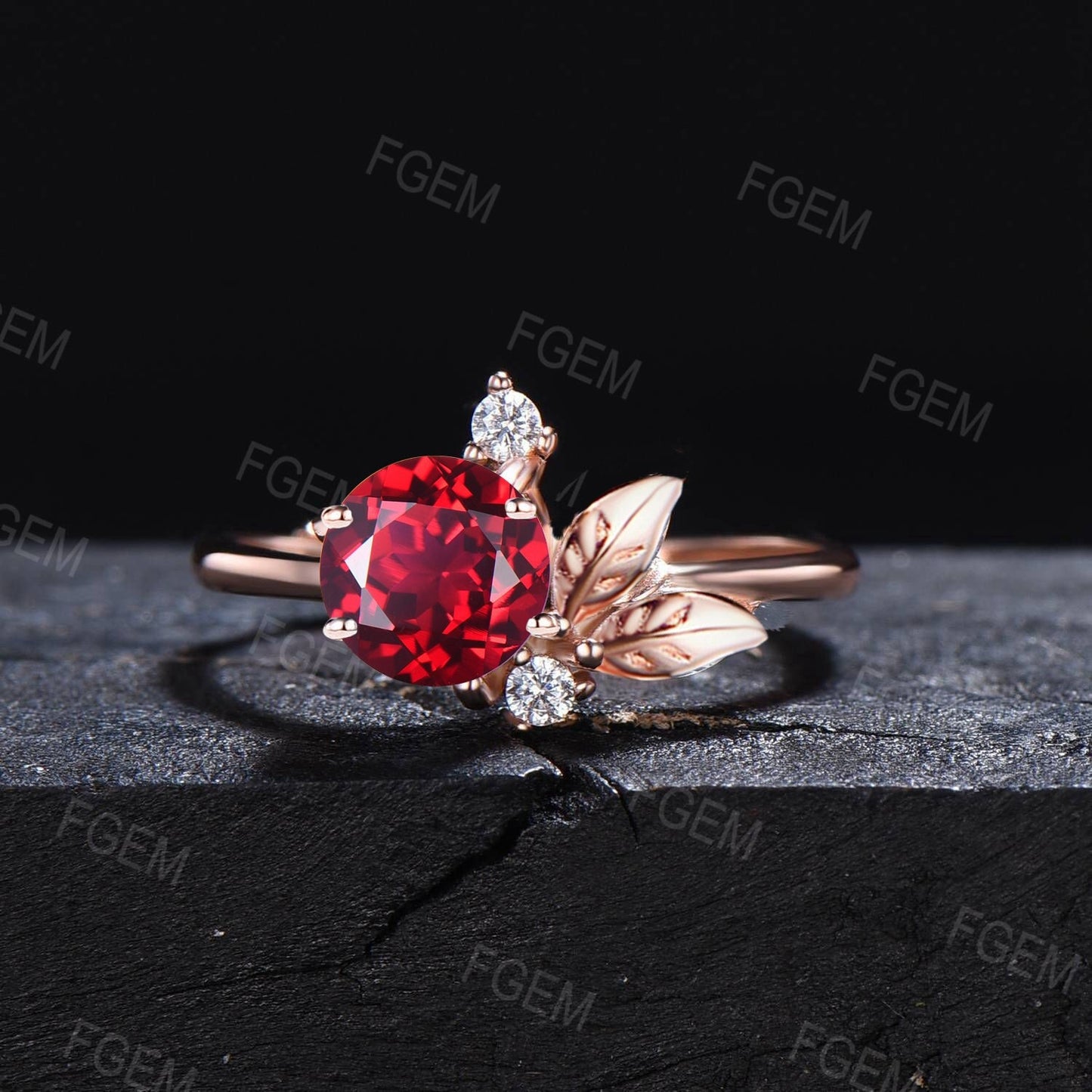 1ct Round Cut Red Ruby Gemstone Jewelry 10K Rose Gold Nature Inspired Leaf Ruby Engagement Anniversary Ring For Women July Birthstone Gifts