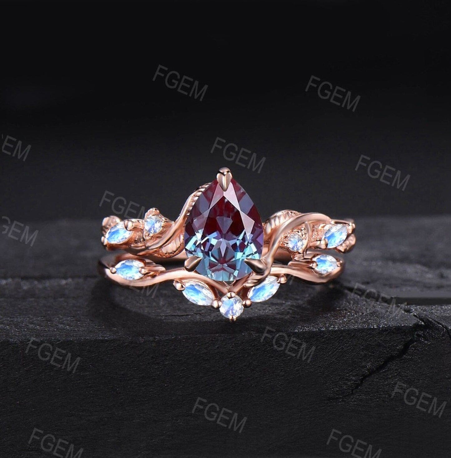 Nature Inspired Alexandrite Moonstone Bridal Set 1.25ct Pear Cut Color-Change Alexandrite Engagement Ring Twist Vine Moonstone Proposal Ring
