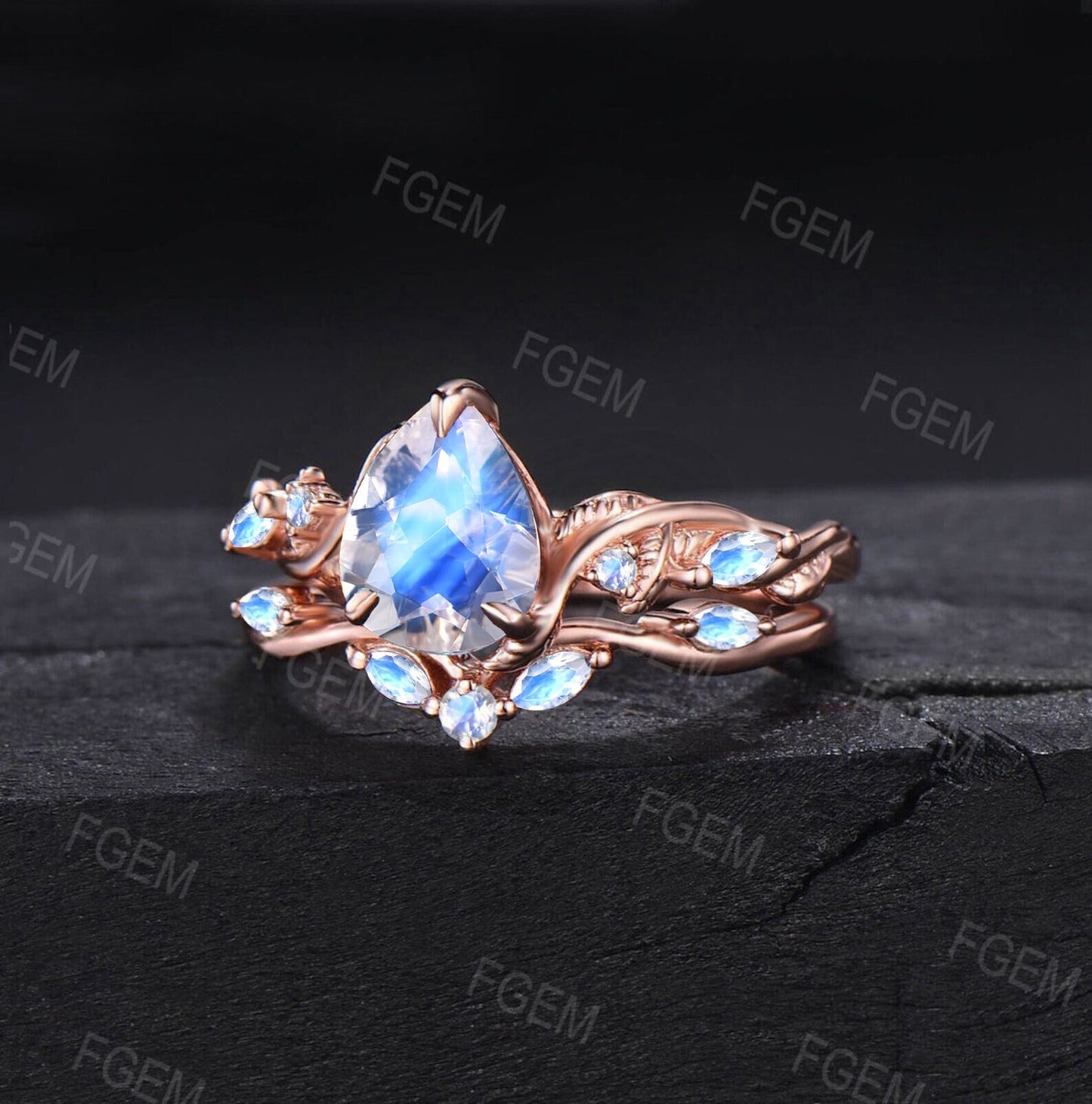 Natural Moonstone Engagement Ring Set Vintage Cluster Rose Gold Bridal Set Nature Inspired Pear Moonstone Ring Curved Moonstone Wedding Band