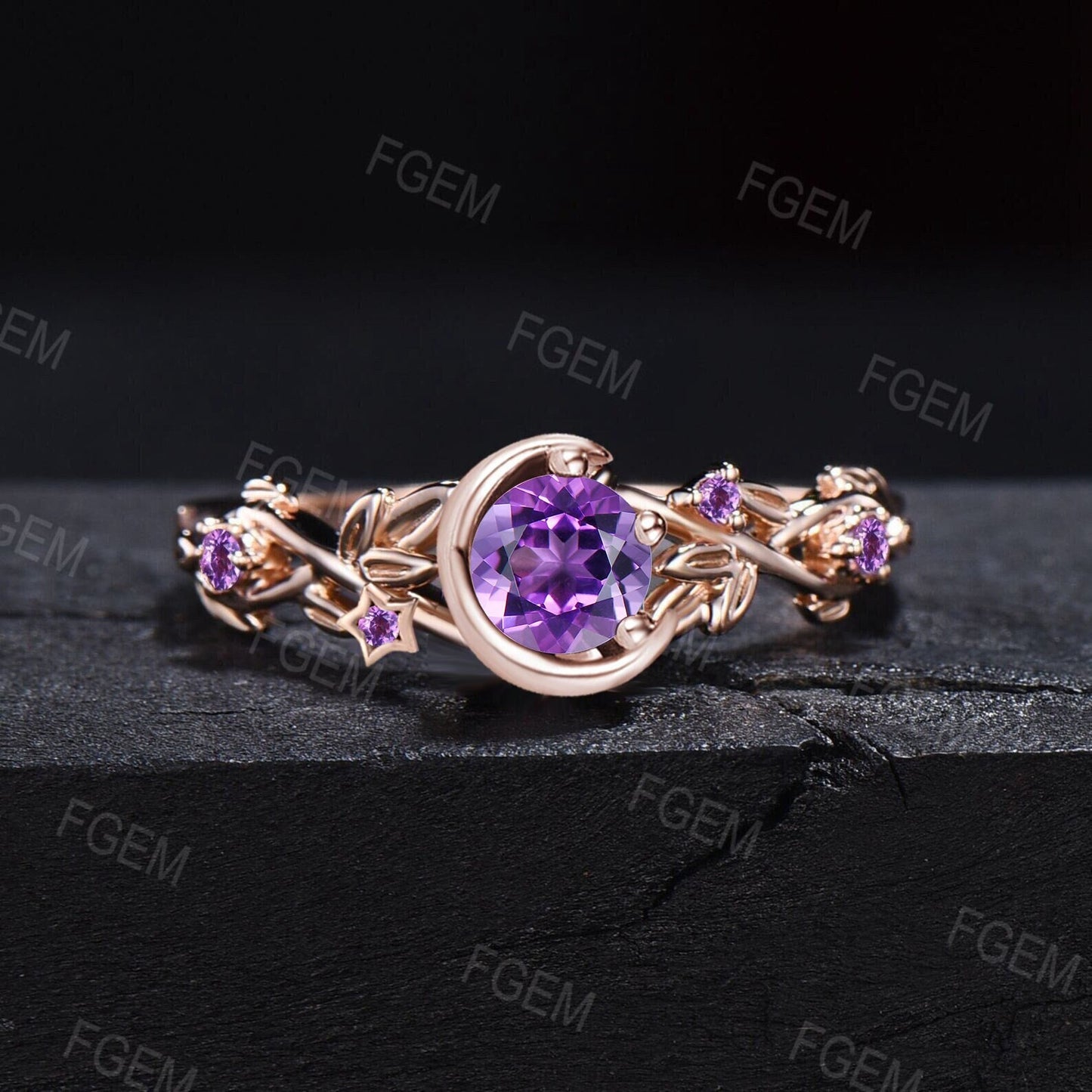 Nature Inspired Natural Amethyst Engagement Ring Moon Star Design Purple Crystal 5mm Round Amethyst Wedding Ring February Birthstone Gifts