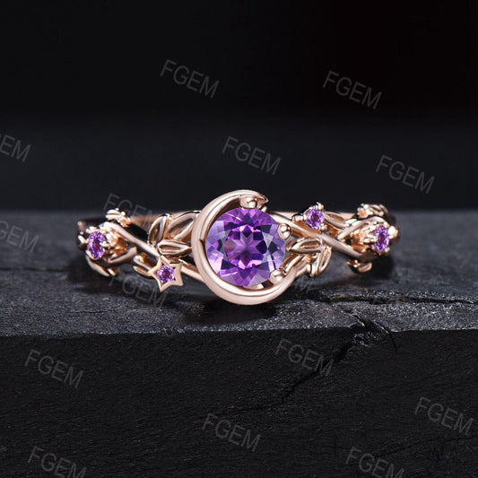 Nature Inspired Natural Amethyst Engagement Ring Moon Star Design Purple Crystal 5mm Round Amethyst Wedding Ring February Birthstone Gifts