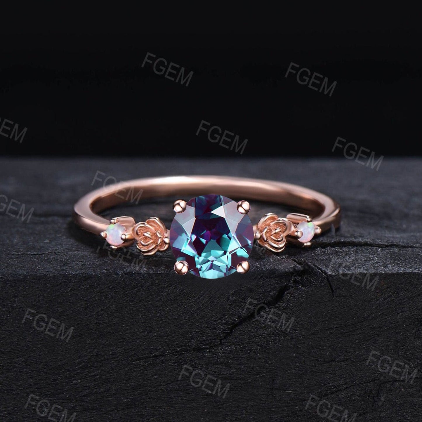 Unique Nature Inspired Wedding Ring Art Deco 6.5mm Round Cut Flower Floral Alexandrite Opal Engagement Ring June Birthstone Birthday Gifts
