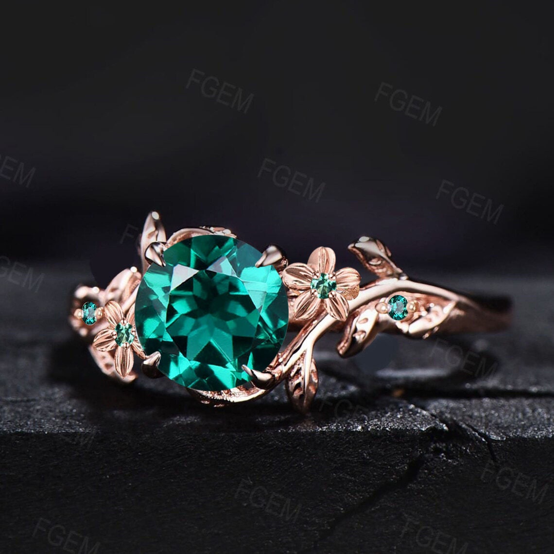 Nature Inspired Green Emerald Engagement Ring Set Branch Leaf Cluster Floral Emerald Ring Vintage 1ct Round Cut Green Emerald Wedding Rings