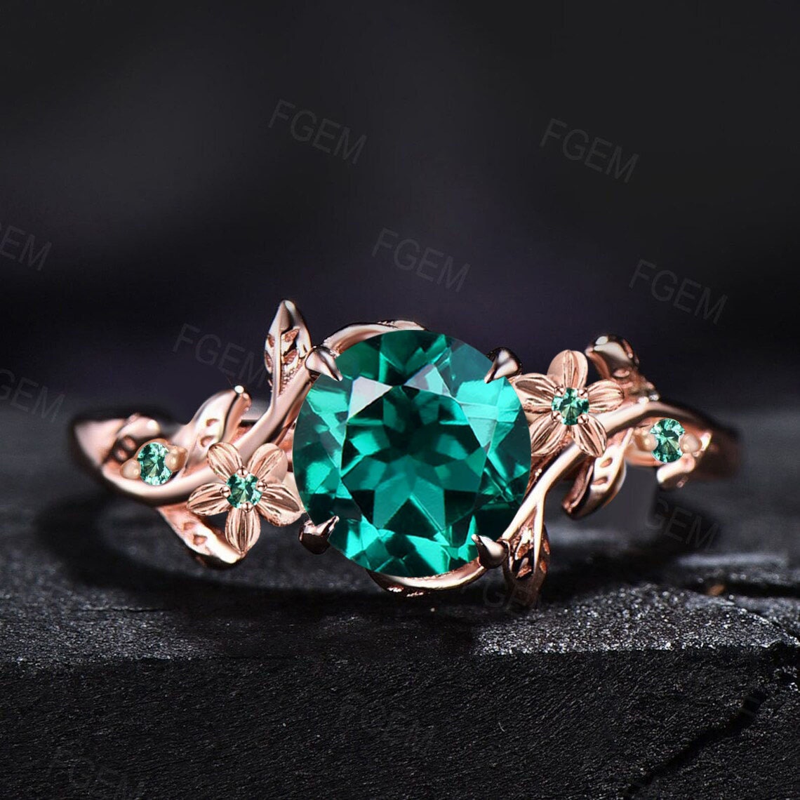 Nature Inspired Green Emerald Engagement Ring Set Branch Leaf Cluster Floral Emerald Ring Vintage 1ct Round Cut Green Emerald Wedding Rings