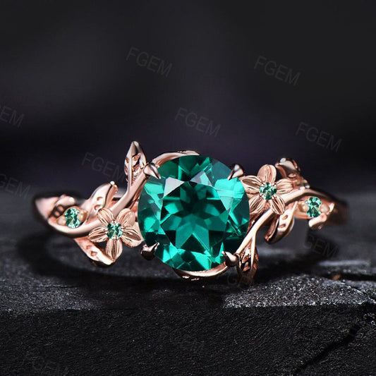 Nature Inspired Green Emerald Engagement Ring Set Branch Leaf Cluster Floral Emerald Ring Vintage 1ct Round Cut Green Emerald Wedding Rings