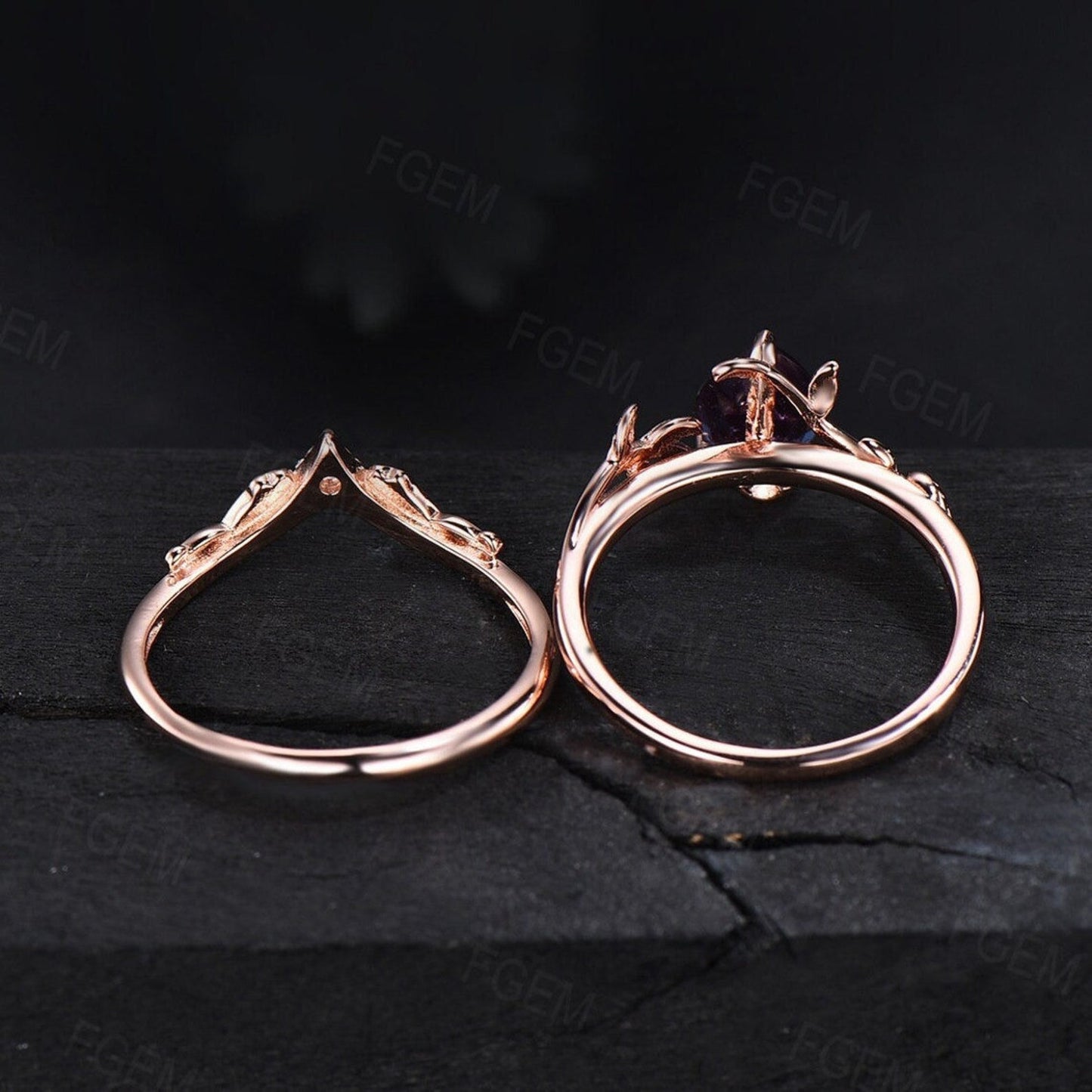 1.5ct Oval Alexandrite Moonstone Bridal Ring Set Branch Leaf Vine Color-Change Alexandrite Engagement Ring Unique Wedding Anniversary Gifts