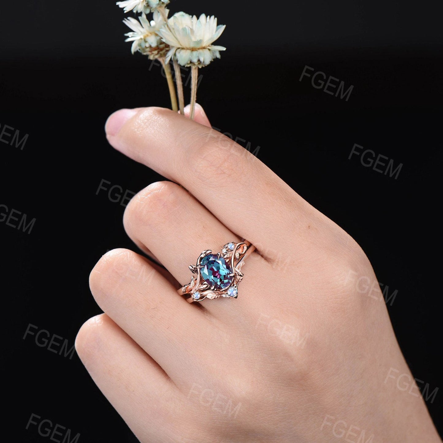 1.5ct Oval Alexandrite Moonstone Bridal Ring Set Branch Leaf Vine Color-Change Alexandrite Engagement Ring Unique Wedding Anniversary Gifts