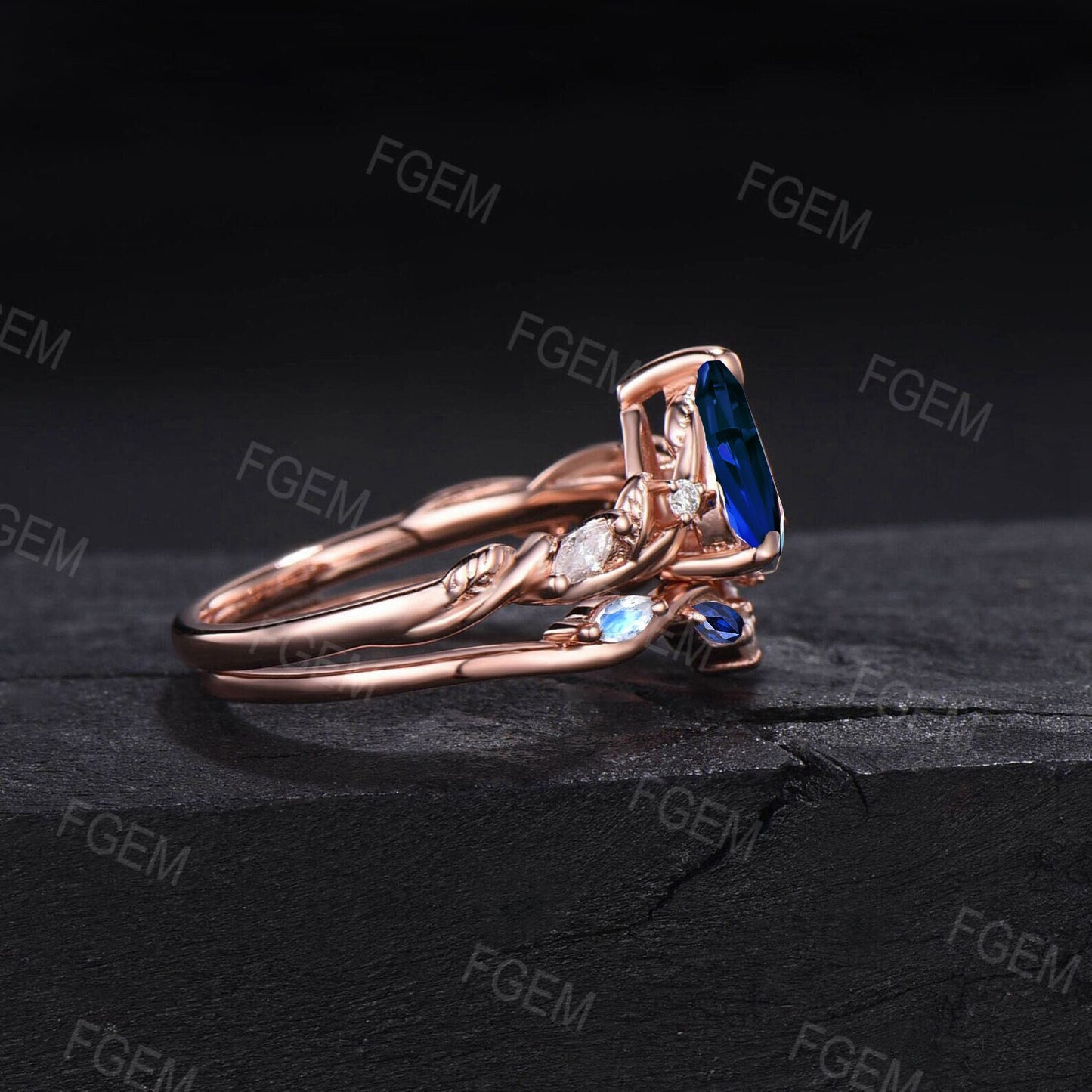 1.25ct Nature Inspired Blue Sapphire Moissanite Engagement Ring Twist Band Moonstone Wedding Ring Leaf Vine Branch Blue Sapphire Bridal Set