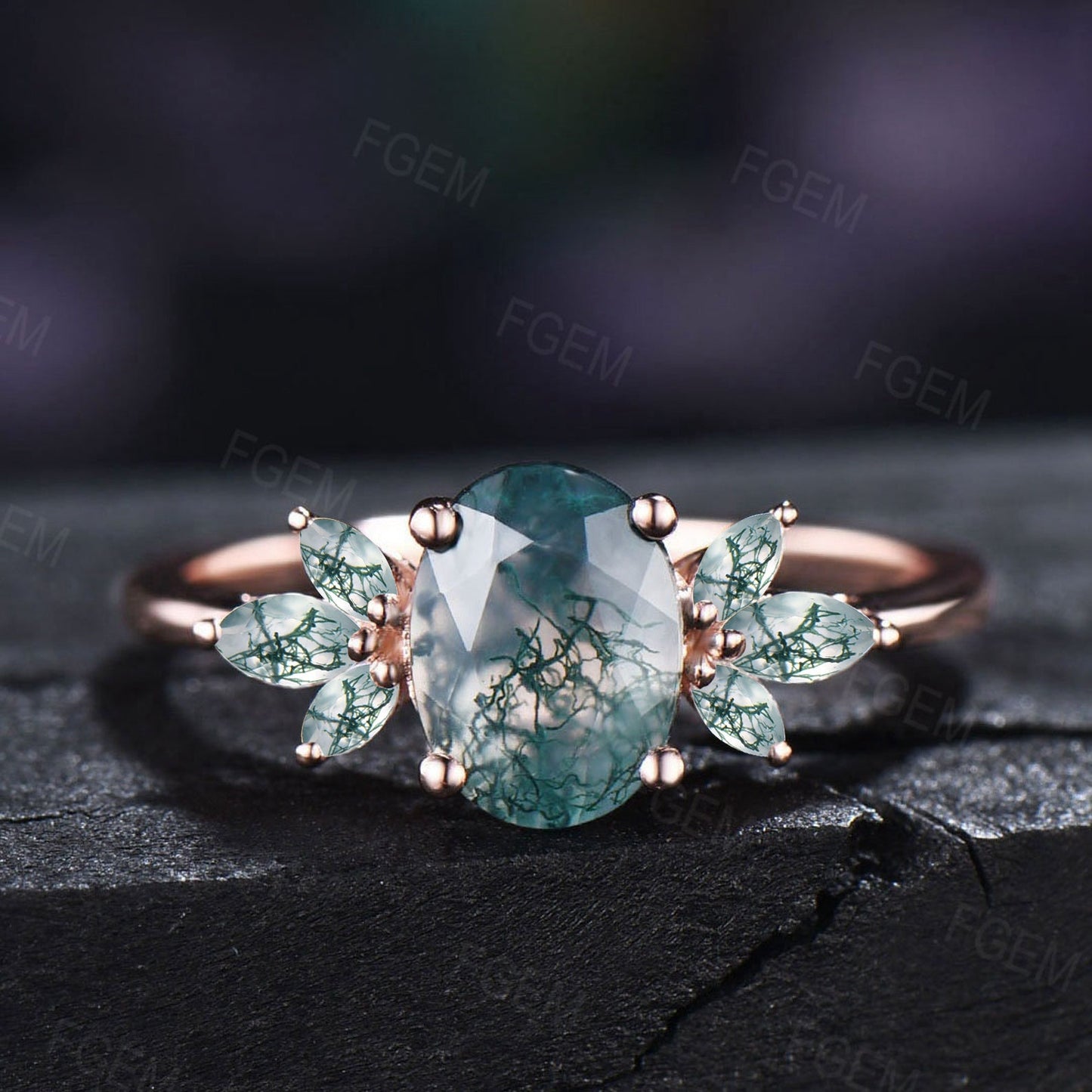 1.5ct Oval Cut Moss Agate Engagement Rings 10K Rose Gold Vintage Marquise Moss Agate Ring Natural Gemstone Ring Anniversary Birthday Gifts
