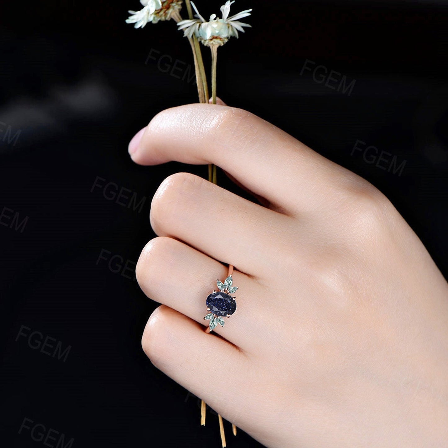 1.5ct Oval Cut Starry Sky Blue Sandstone Ring Moss Agate Cluster Engagement Ring Blue Goldstone Wedding Ring Unique Proposal Birthday Gifts