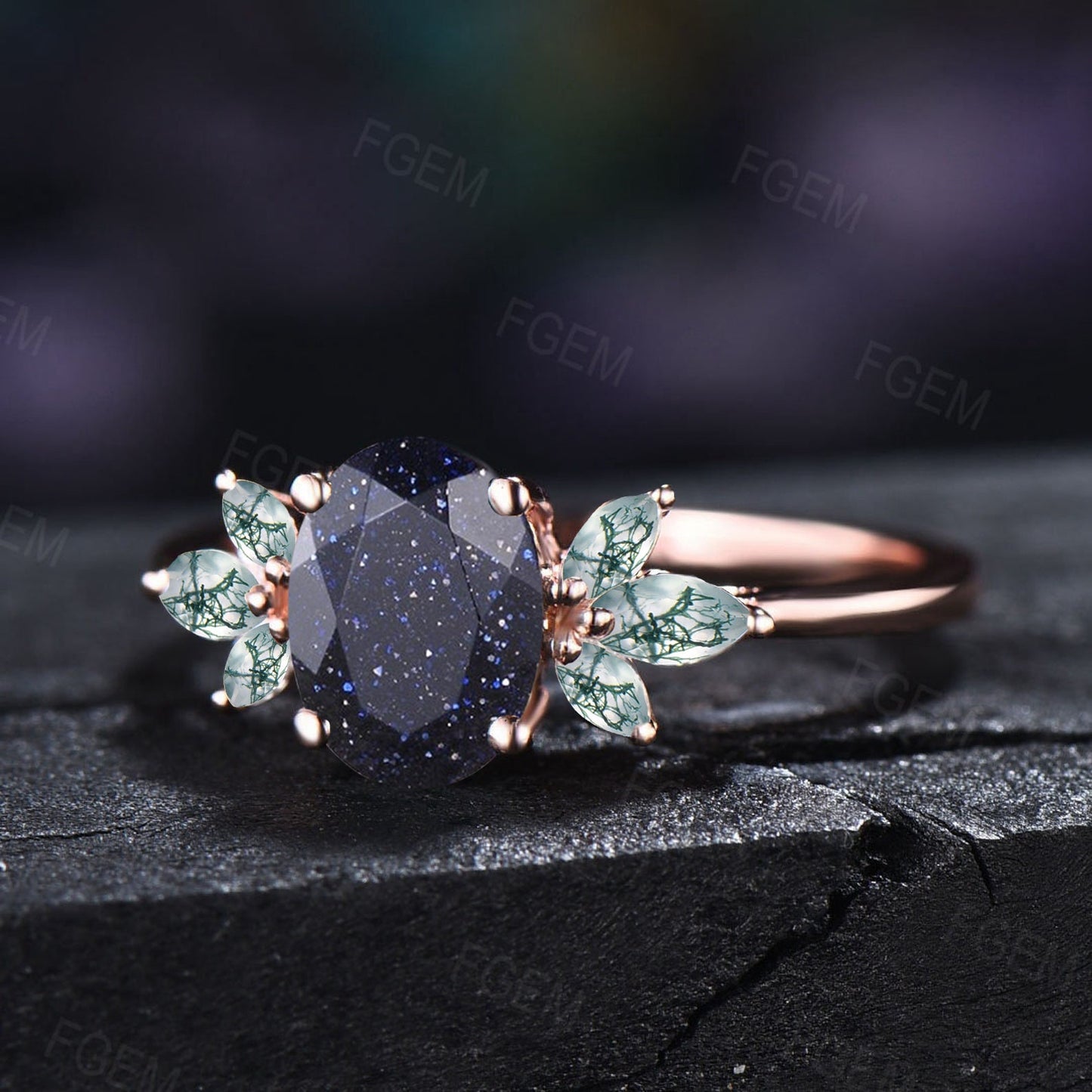1.5ct Oval Cut Starry Sky Blue Sandstone Ring Moss Agate Cluster Engagement Ring Blue Goldstone Wedding Ring Unique Proposal Birthday Gifts