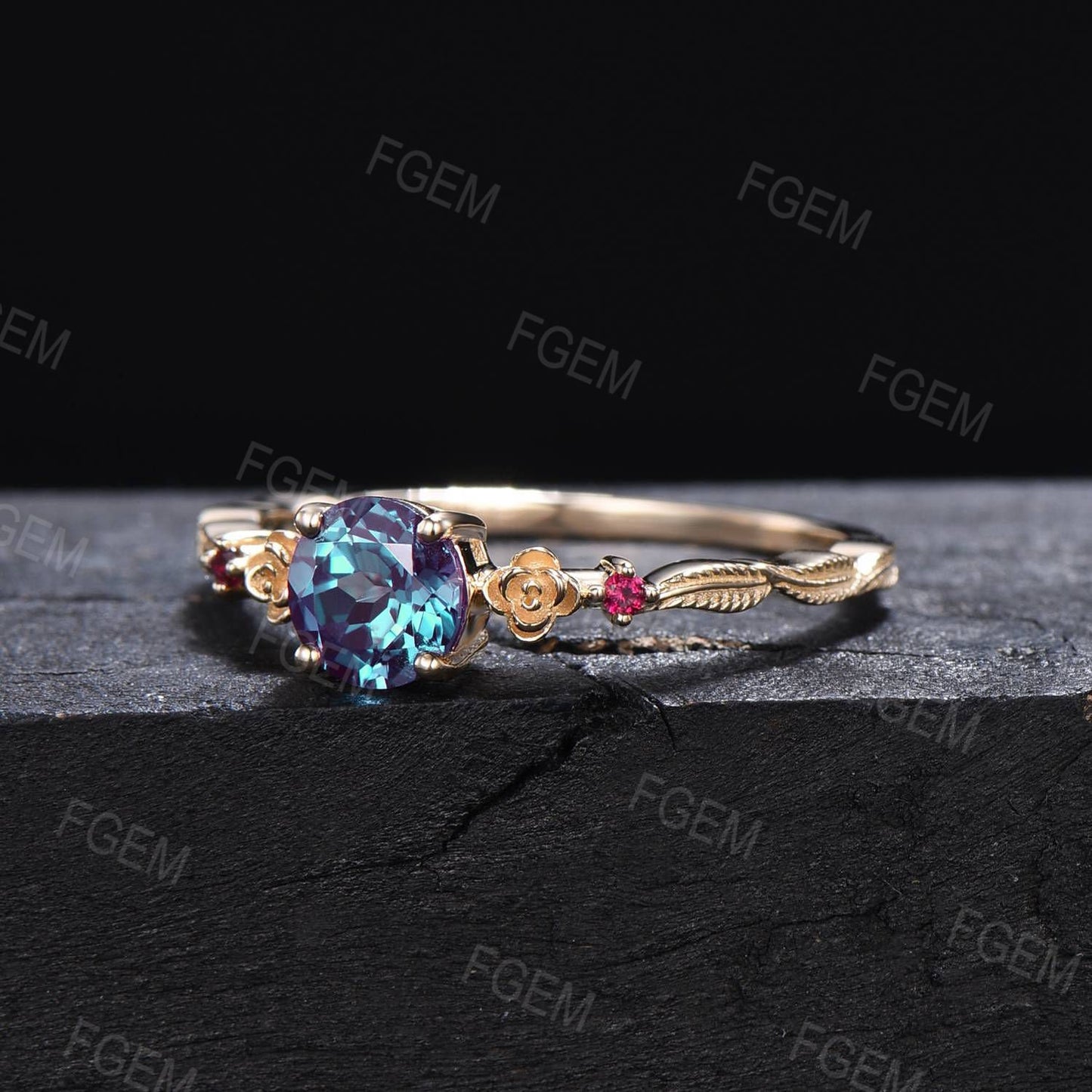 Flower Floral Alexandrite Ruby Wedding Ring Leaf Band Art Deco 6.5mm Round Alexandrite Engagement Ring Unique June Birthstone Birthday Gifts