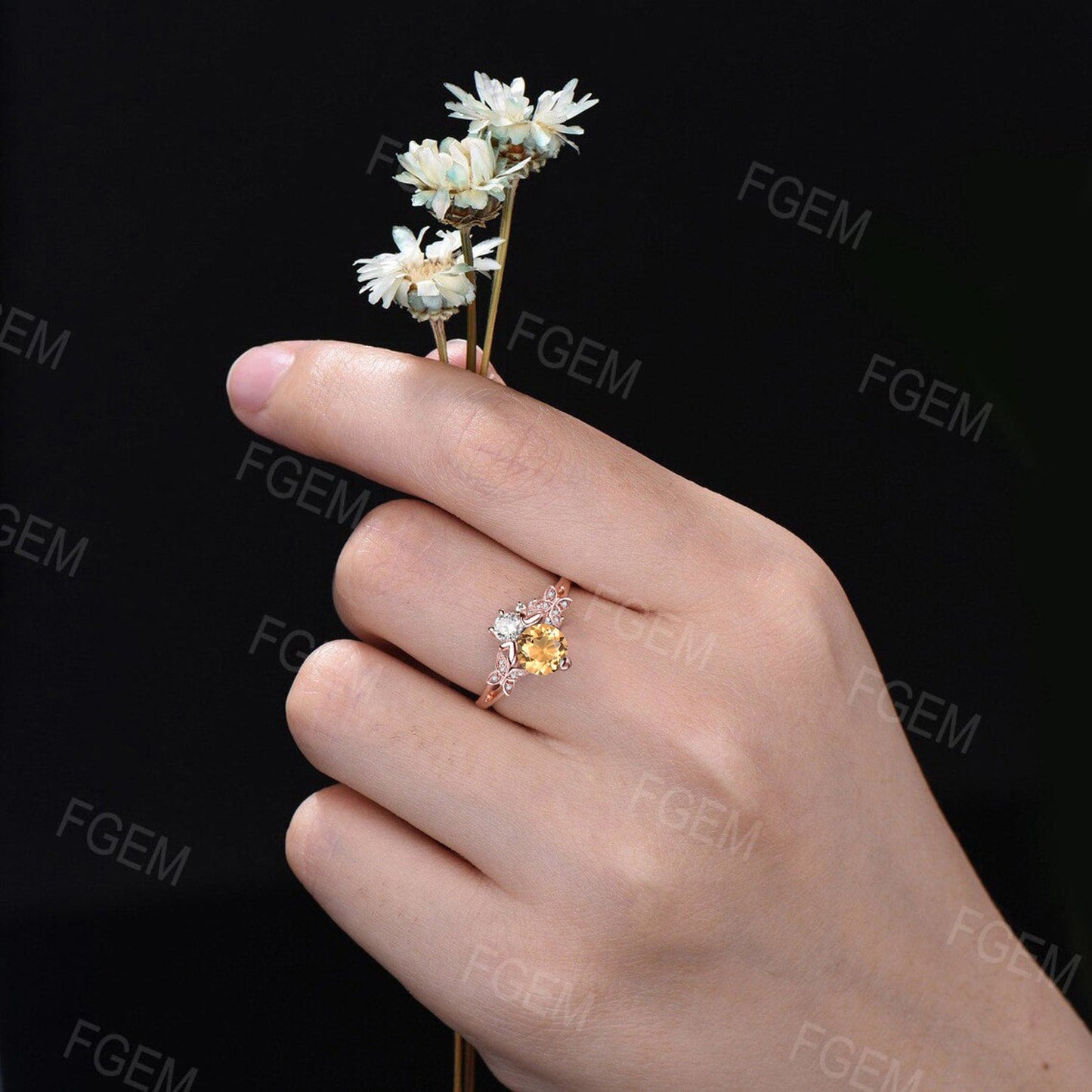 Round Cut Natural Citrine Moissanite Engagement Ring Cute Honey Bee Nature Wedding Ring Split Shank Band Handcrafted Butterfly Diamond Ring