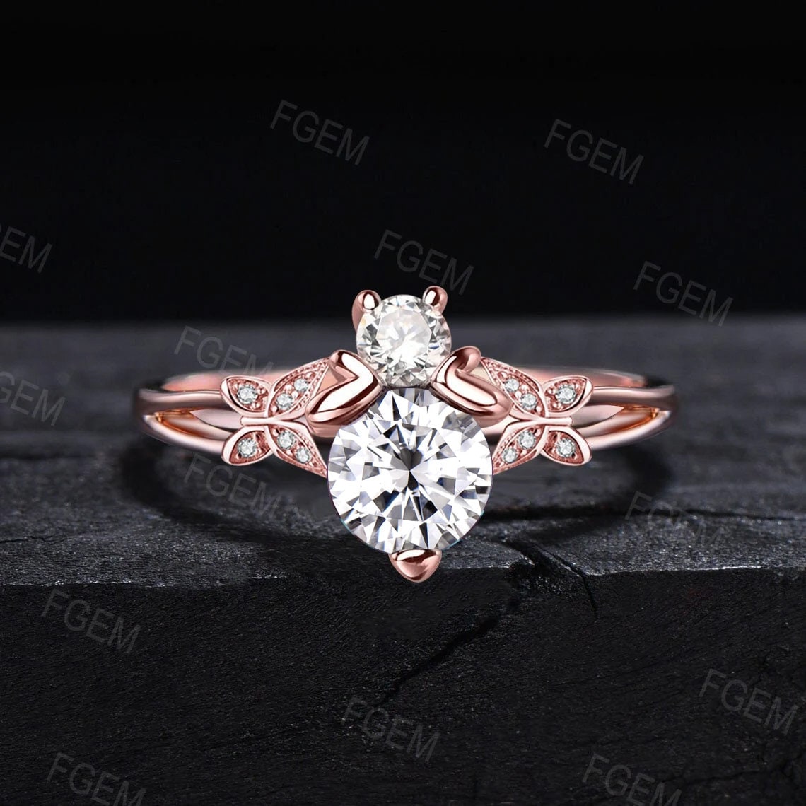 Round Cut Moissanite Bee Engagement Ring Cute Honey Bee Nature Wedding Ring 10K Rose Gold Split Shank Band Handmade Butterfly Diamond Ring