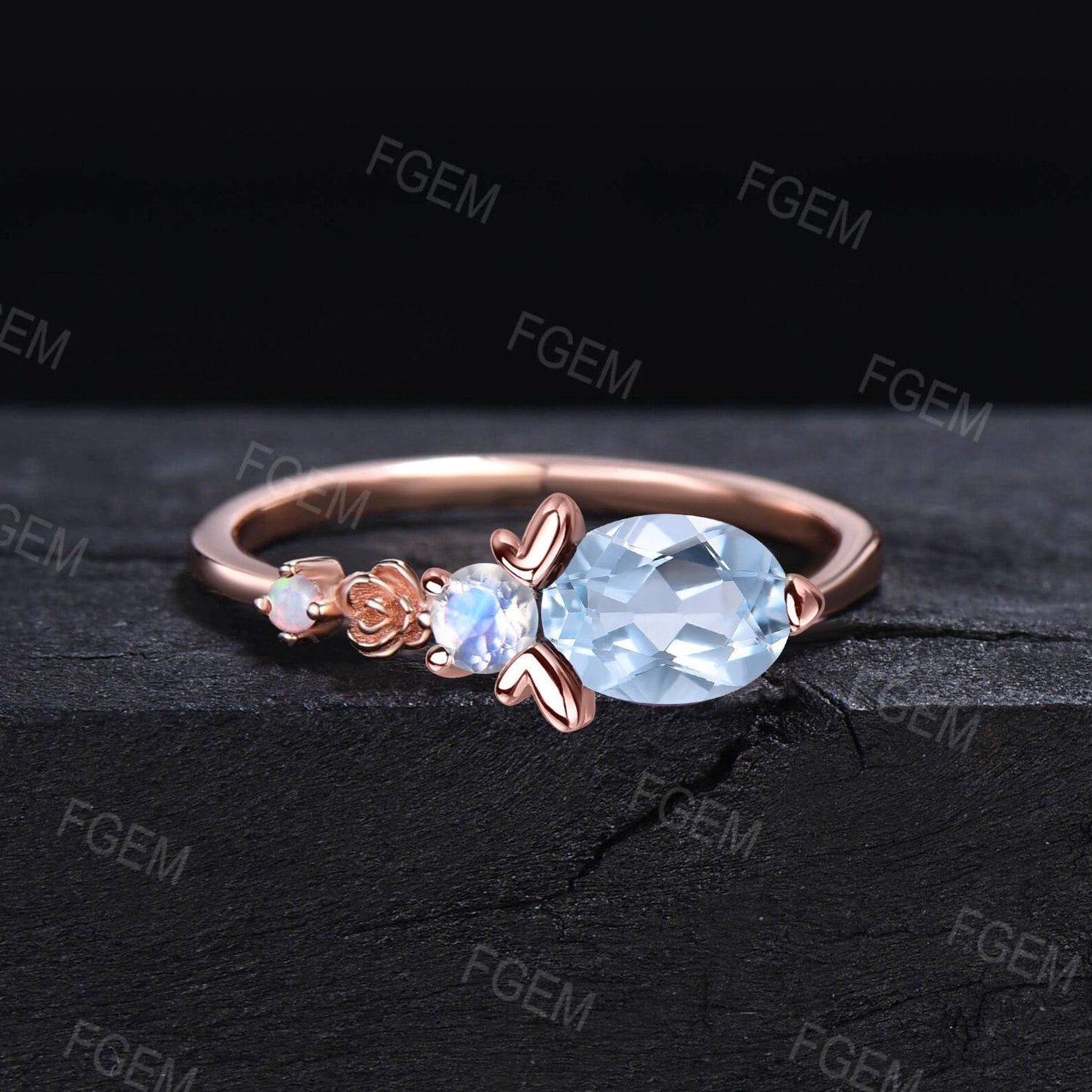 Cute Honey Bee Flower Oval Aquamarine Engagement Ring East West Ring Floral Opal Moonstone Wedding Ring Handcrafted March Birthstone Gifts