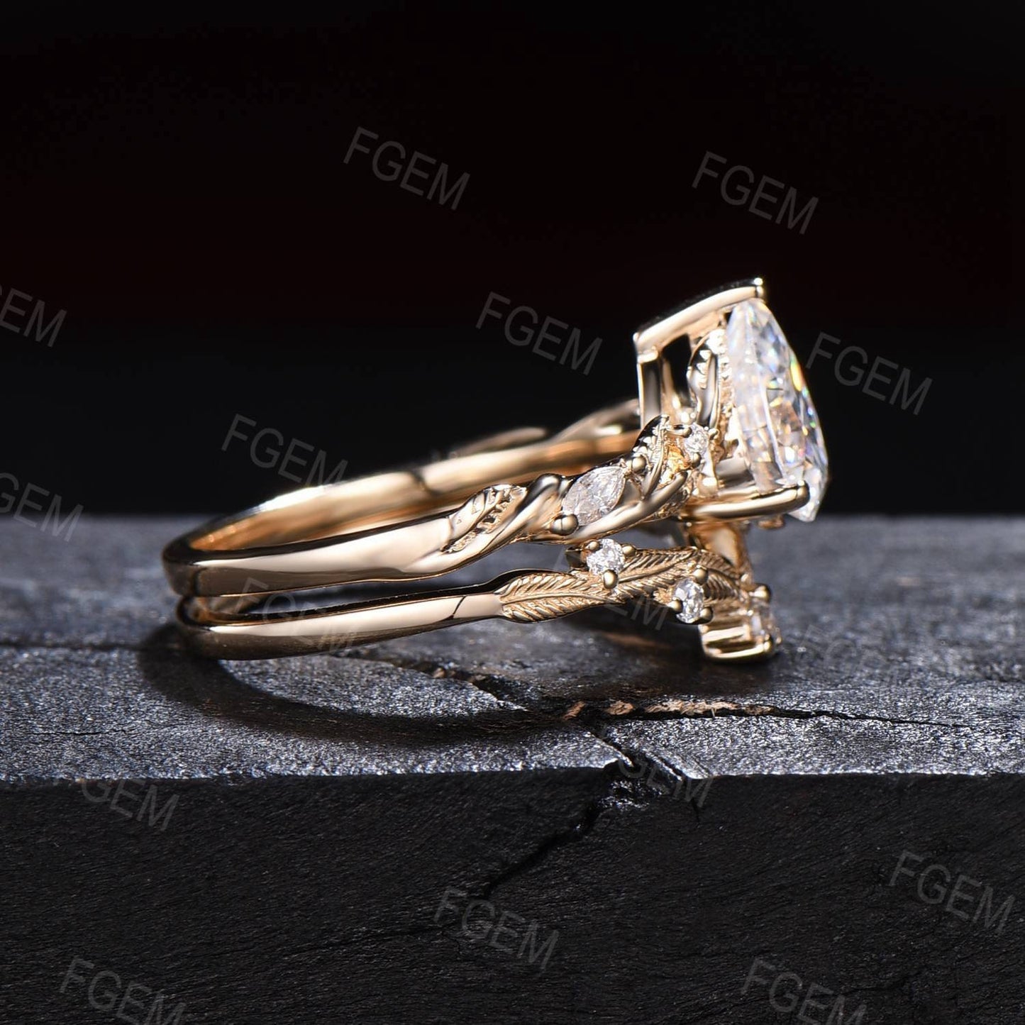 1.25ct Pear Moissanite Engagement Ring Set 14K Solid Yellow Gold Nature Inspired Moissanite Diamond Bridal Set Leaf Vine Branch Wedding Ring