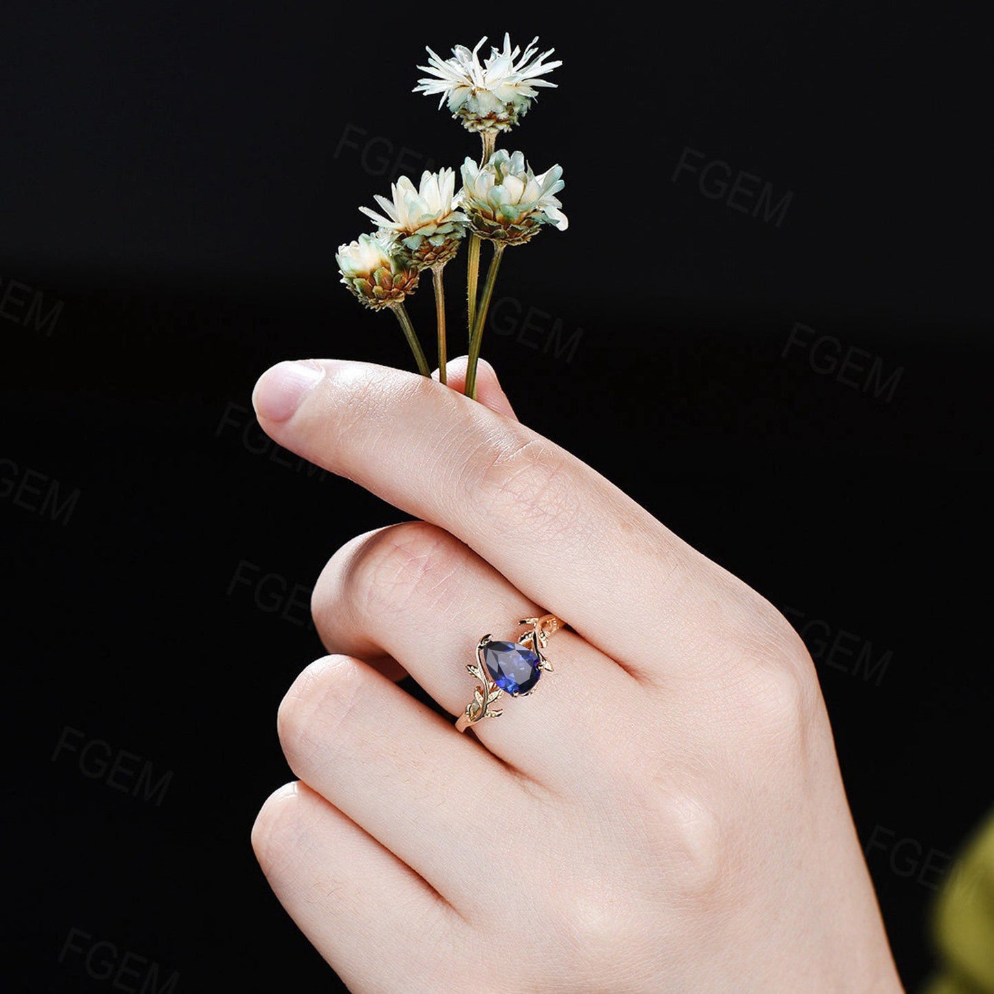 Yellow Gold Blue Sapphire Nature Engagement Ring Vintage 1.25ct Pear Blue Sapphire Wedding Ring September Birthstone Gemstone Jewelry Gifts