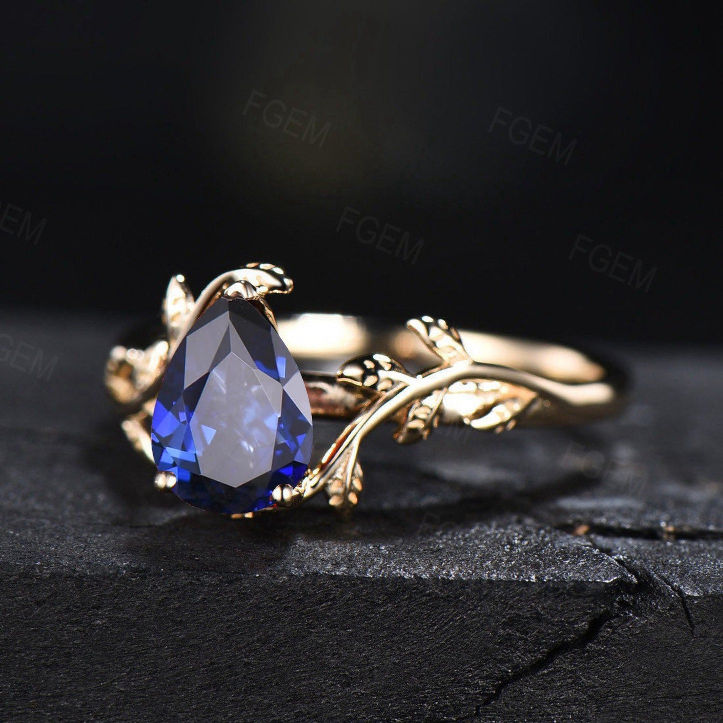 Yellow Gold Blue Sapphire Nature Engagement Ring Vintage 1.25ct Pear Blue Sapphire Wedding Ring September Birthstone Gemstone Jewelry Gifts