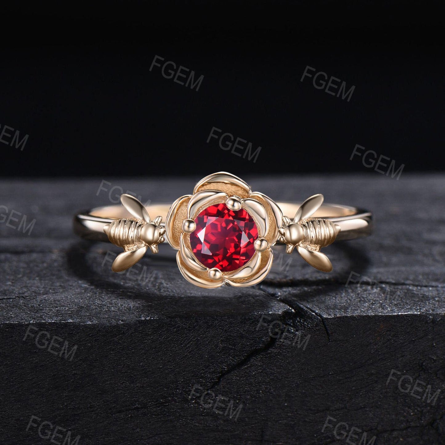 5mm Nature Inspired Floral Round Red Ruby Wedding Ring Honey Bee Promise Ring Alternative Ruby Engagement Ring Red Gemstone Solitaire Rings
