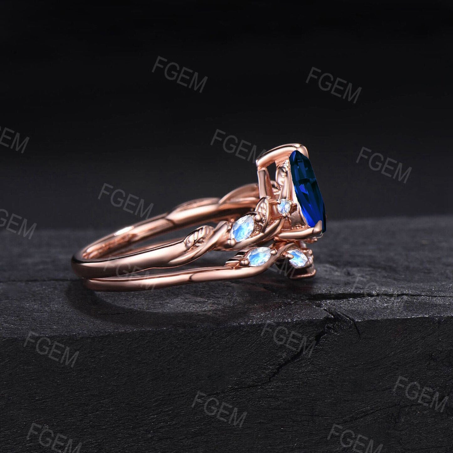 Nature Inspired Blue Sapphire Leaf Engagement Ring 1.25ct Pear Cut Blue Sapphire Bridal Set Branch Vine Twig Natural Moonstone Wedding Rings
