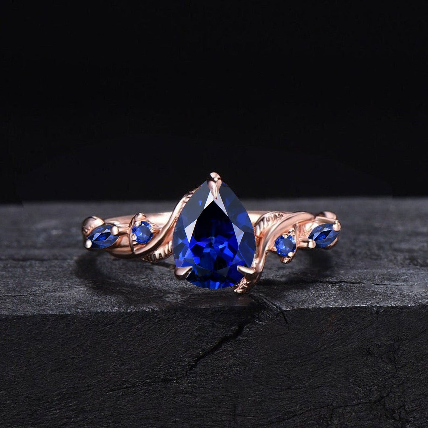 1.25ct Pear Nature Inspired Blue Sapphire Engagement Ring Twist Band September Birthstone Wedding Ring Set Leaf Vine Ring Branch Bridal Set