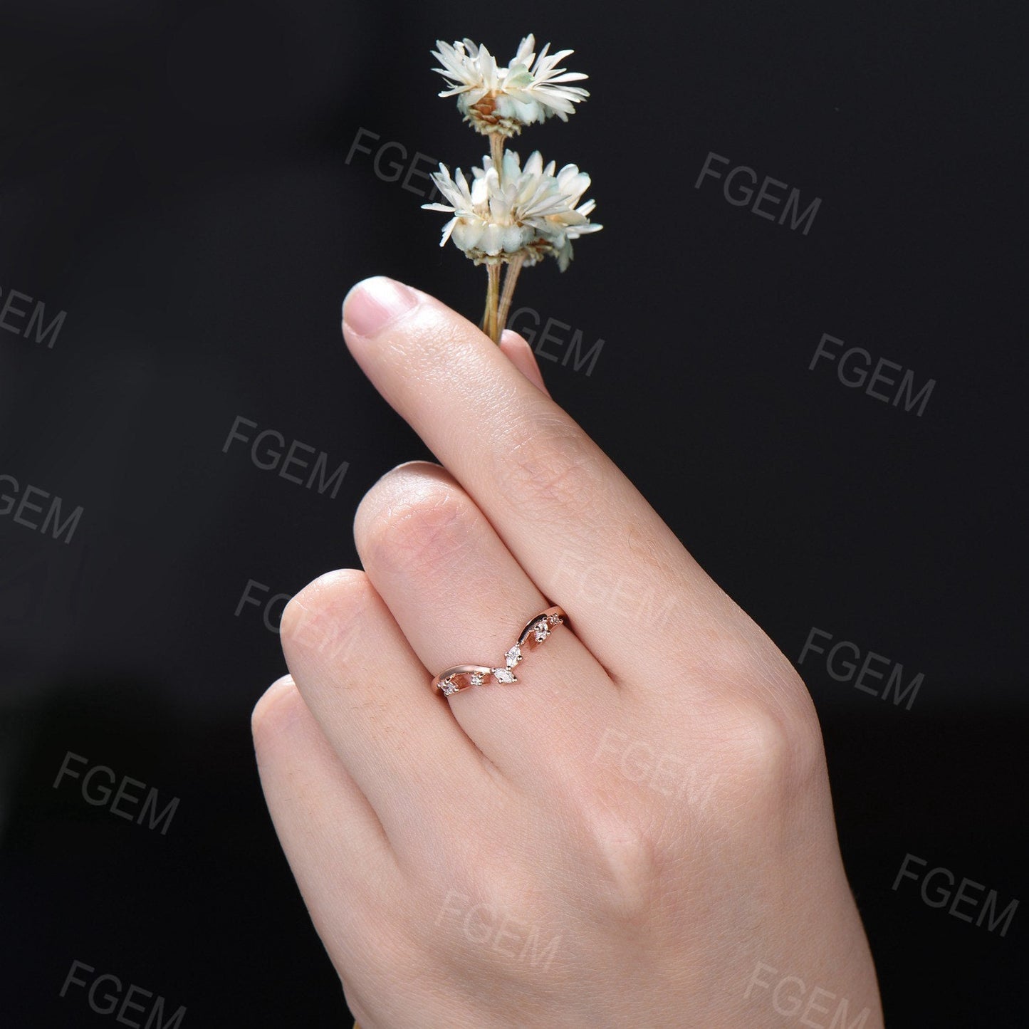 Curved Moissanite Diamond Contour Wedding Band 14k Rose Gold Cluster Marquise moissanite Nature Wedding Ring Nesting Band Vintage Anniversary Gift