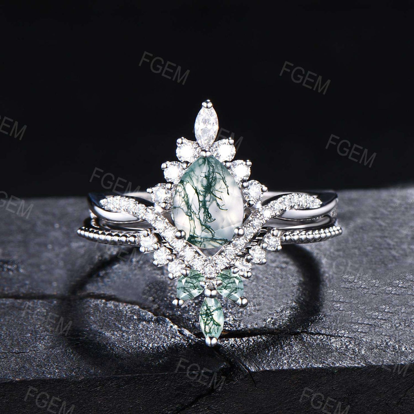 Natural Moss Agate Ring Set Vintage Pear Shaped Engagement Ring Set Marquise Moissanite Moss Wedding Bridal Promise Ring Anniversary Gifts