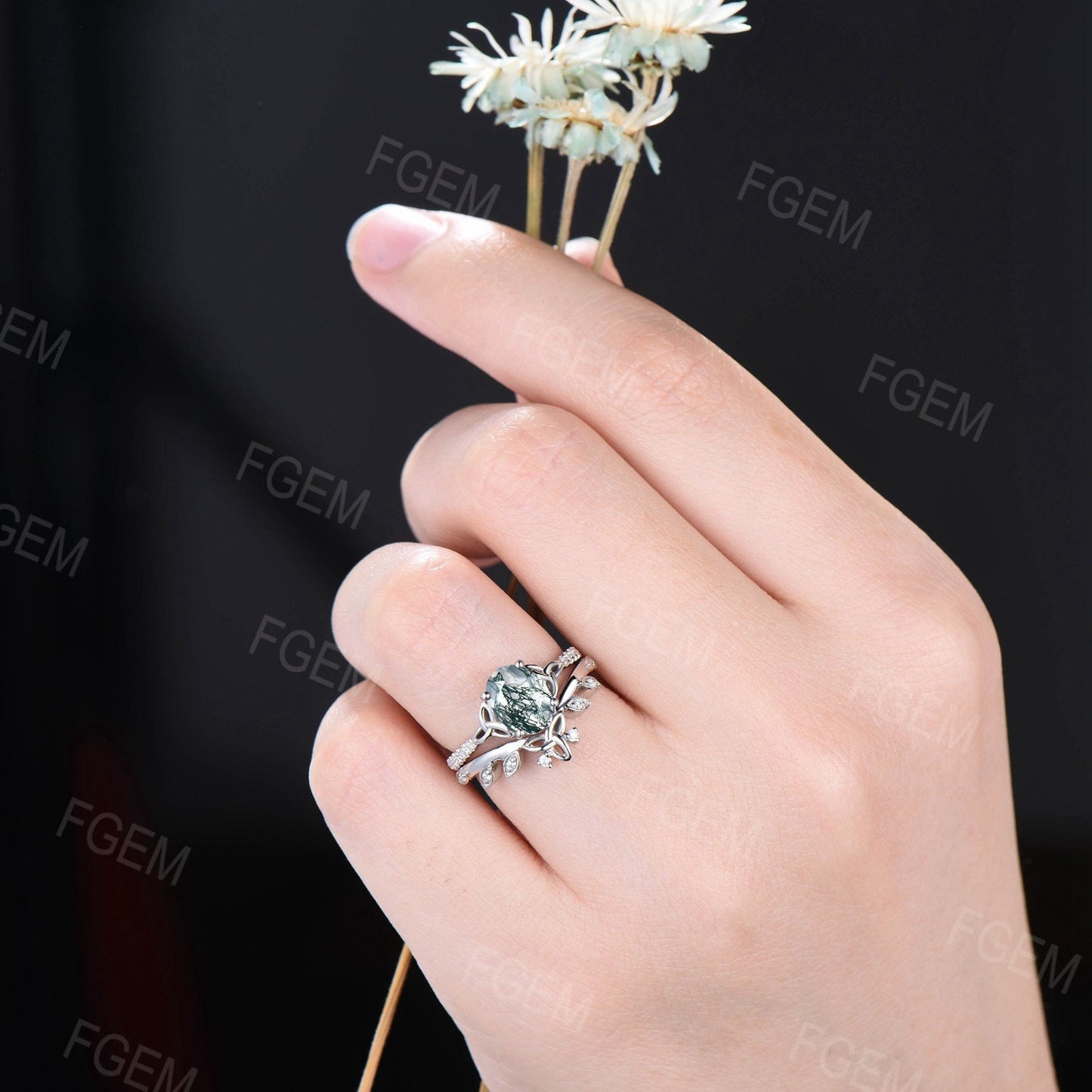 Oval Cut Natural Moss Agate Engagement Ring Set Platinum Ring Green Gemstone Jewelry Celtic Knot Triquetra Moissanite Moss Bridal Ring Set