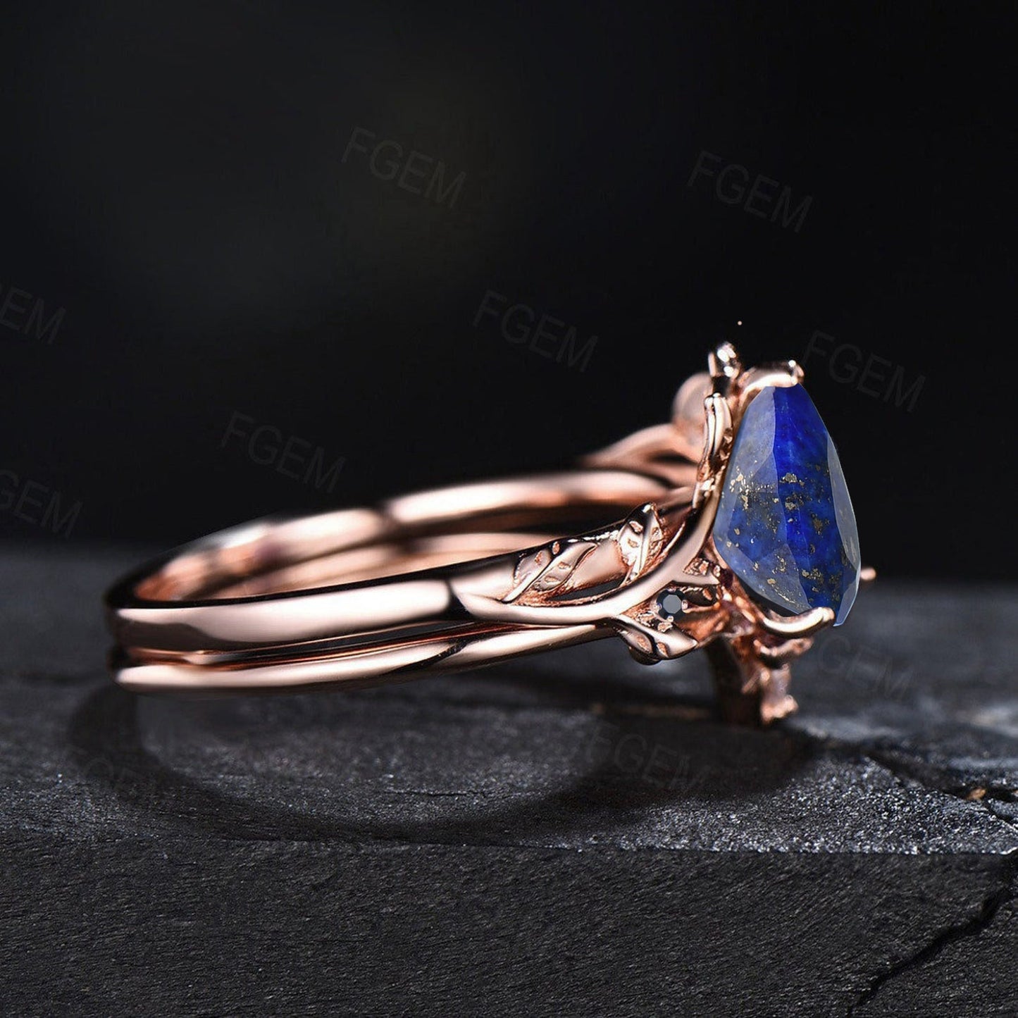 Nature Inspired Lapis Lazuli Engagement Ring Set Natural Lapis Gold Branch Style Pear Ring Set 1.25ct Blue Lapis & Black Gemstone Wedding Rings