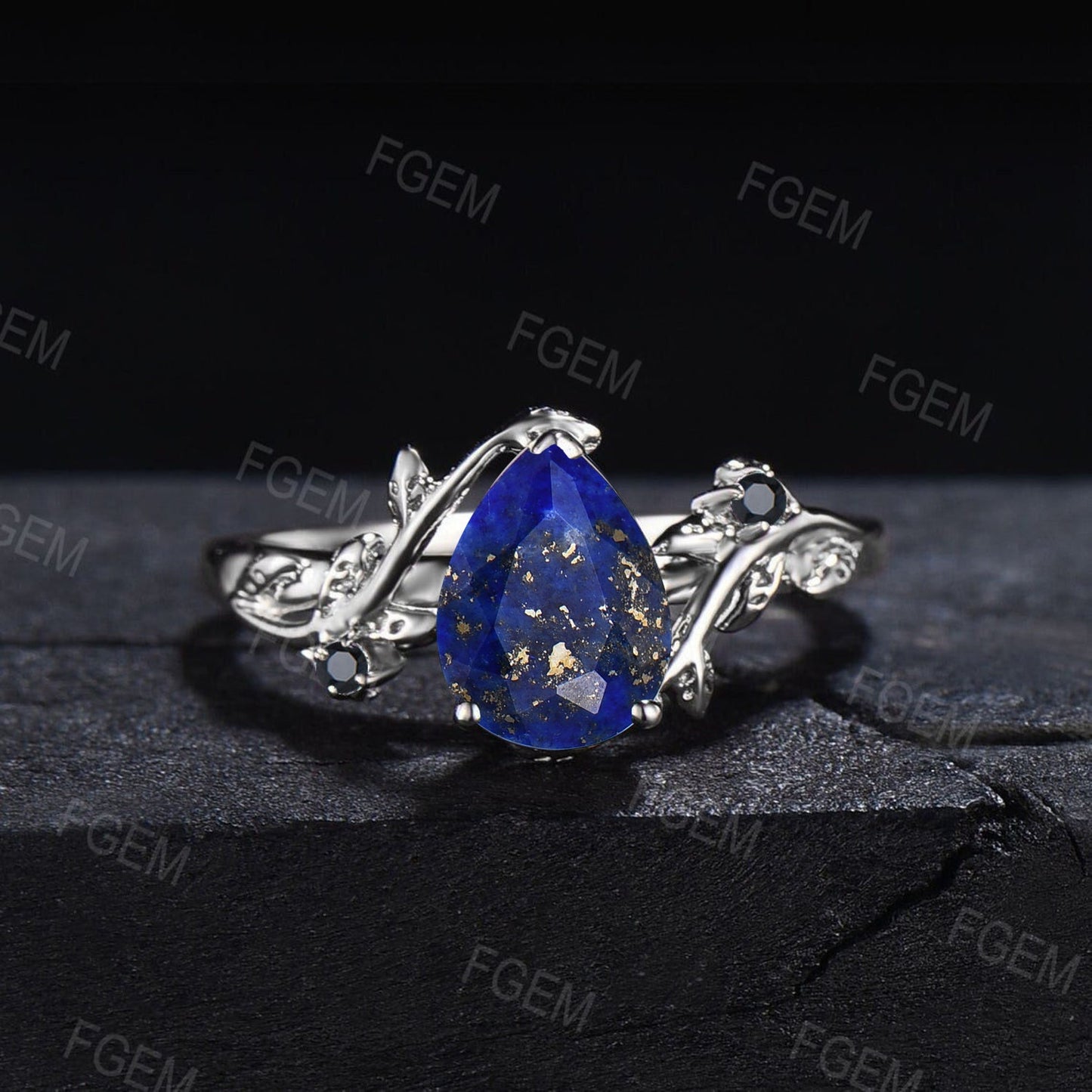 Nature Inspired Lapis Lazuli Engagement Ring Set Natural Lapis Gold Branch Style Pear Ring Set 1.25ct Blue Lapis & Black Gemstone Wedding Rings