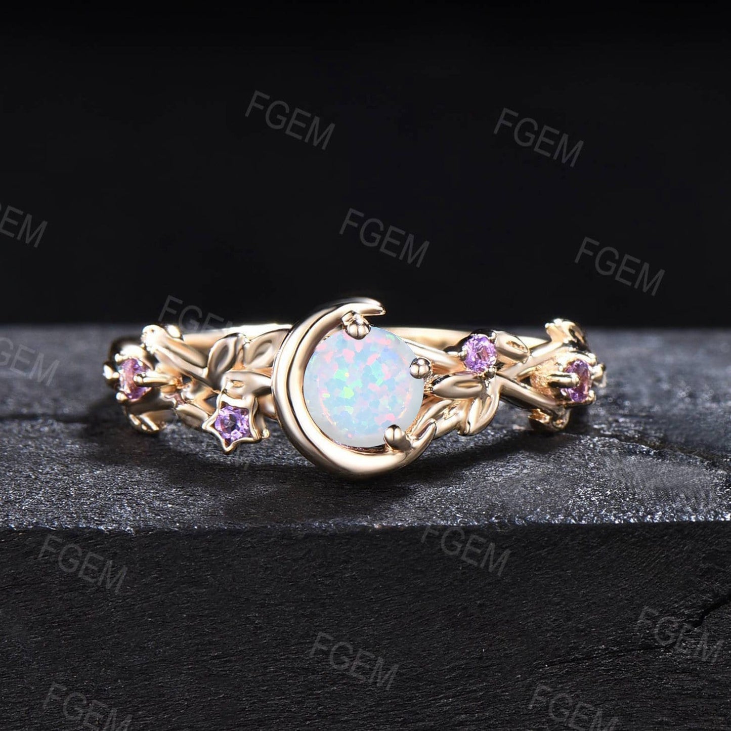 Nature Inspired Moon Star Design Amethyst Opal Engagement Ring Sterling Silver 5mm Round Fire Opal Ring Branch Leaf Amethyst Wedding Rings