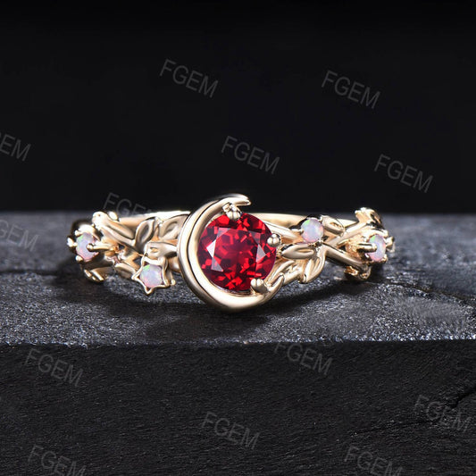 Moon Star Design 5mm Ruby Opal Jewelry 10K Yellow Gold Nature Inspired Red Ruby Promise Ring Anniversary Ring For Women July Birthstone Gift