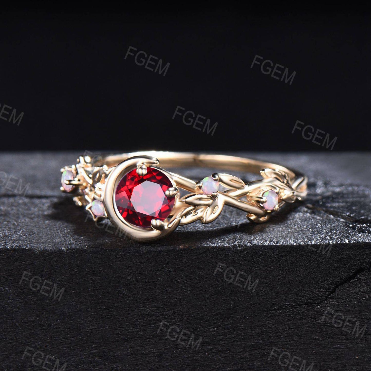 Moon Star Design 5mm Ruby Opal Jewelry 10K Yellow Gold Nature Inspired Red Ruby Promise Ring Anniversary Ring For Women July Birthstone Gift
