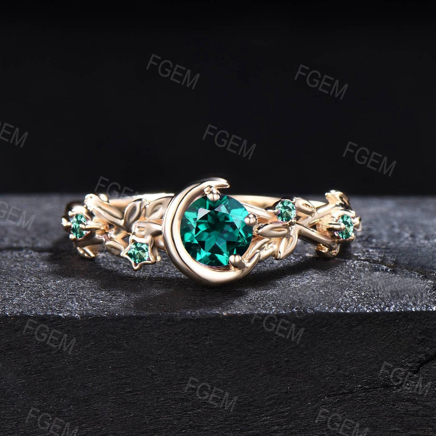 Nature Inspired Green Emerald Engagement Ring 10K Yellow Gold Moon Star Design Round Emerald Promise Ring Branch Leaf Cluster Wedding Ring
